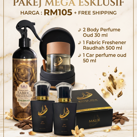 PAKEJ MEGA ESKLUSIF 4 IN 1 : 1x Car Perfume + 2x Body Perfume [ Malik Malika ] + 1x Fabric Freshener Raudhah