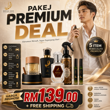 PAKEJ PREMIUM DEAL [ 2x Body Perfume Malik & Malika - 10 ML +  1x Body Perfume Oud Vanilla - 30 ML + 1x Car Perfume Raudhah - 50 ML + 1x Fabric Freshener Raudhah - 500 ML + 1x Body Perfume FOR HIM 35 ML ]